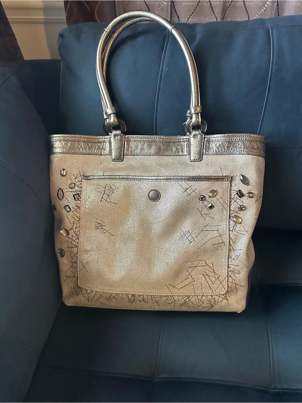 Coach Metallic Silver Tote Bag Jeweled Rare 18 x 15 x 4 w/Coach dust/paperbag - Picture 4 of 16